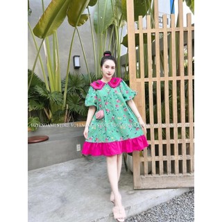 Đầm Voan Mixi Xòe Cổ Bẻ Thuyền Gài Nút Ngắn Tay Phối In Hoa Nhỏ Xinh Xắn TTGB0263