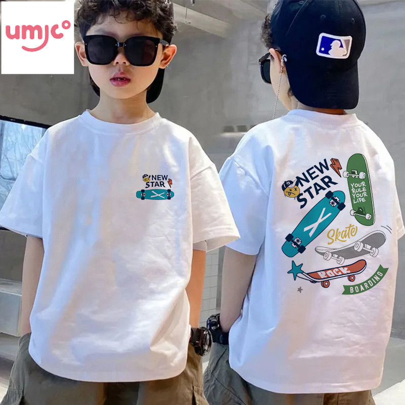Umico  Unisex Áo ngắn tay T-shirt In họa tiết Áo thun Bé trai và Bé gái cổ tròn phù hợp Tops 100% COTTON