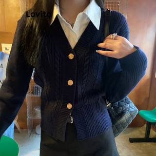 Áo khoác cardigan Lovito xẻ tà trước cài nút màu trơn thường ngày cho nữ LNE27151 (màu xanh dương)