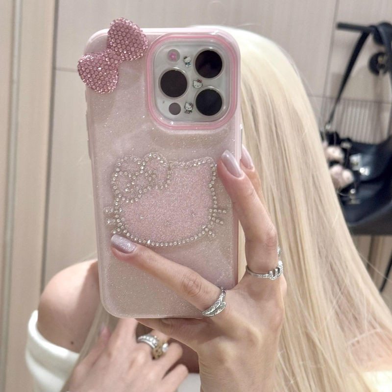 Ốp Điện Thoại Hello Kitty Kim Cương Giả Lấp Lánh Hàn Quốc Cho iPhone 17Pro Max17 Air 16 15 14 13 12 11 Pro Max Với Nơ Bạc Kim Cương KT Cat Cover