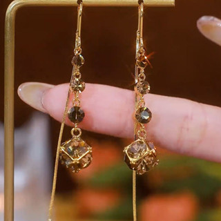  Zircon Màu Cà Phê Kim Cương Bóng Tua Rua Bông Tai Tính Khí Bông Tai Pha Lê Dài 