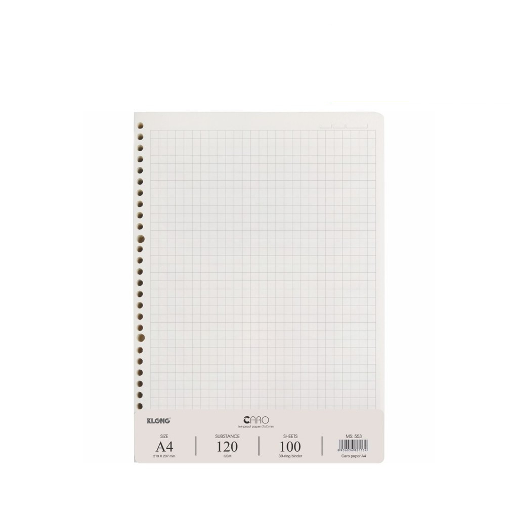 Ruột sổ Klong A4 còng Caro (7x7)mm KLONG 100 tờ 120GSM MS 553 Giấy refill sổ còng ô caro khổ 7mm