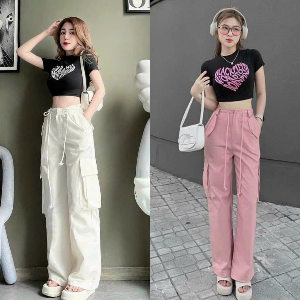 Set Bộ Áo Thun Croptop In Chữ Hình Trái Tim Phối Quần Túi Hộp vải Cotton Lạnh Siêu Cưng , Hot , Đi Chơi Cực Xinh