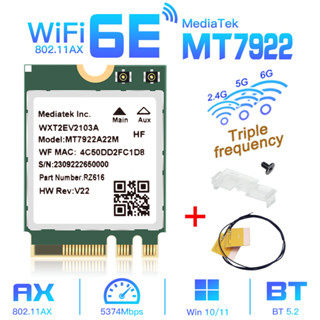  Wifi 6E MT7922 M.2 Thẻ không dây 5374Mbps Bluetooth 5.2 Bộ chuyển đổi mạng 802.11ax 2.4G   5G   6GHz MediaTek MT7922 MU-MIMO Win 10 11 
