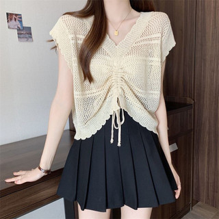 Vai Phải Cổ Chữ V Tay Ngắn Áo Len Nữ Mùa Hè Mới Mỏng Thiết Kế Rỗng Ngắn Dây Rút Top