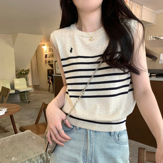 Áo ba lỗ nữ Áo 2 dây Áo body Thiết kế thêu sọc Ice Silk Đan Áo ghi lê không tay Top