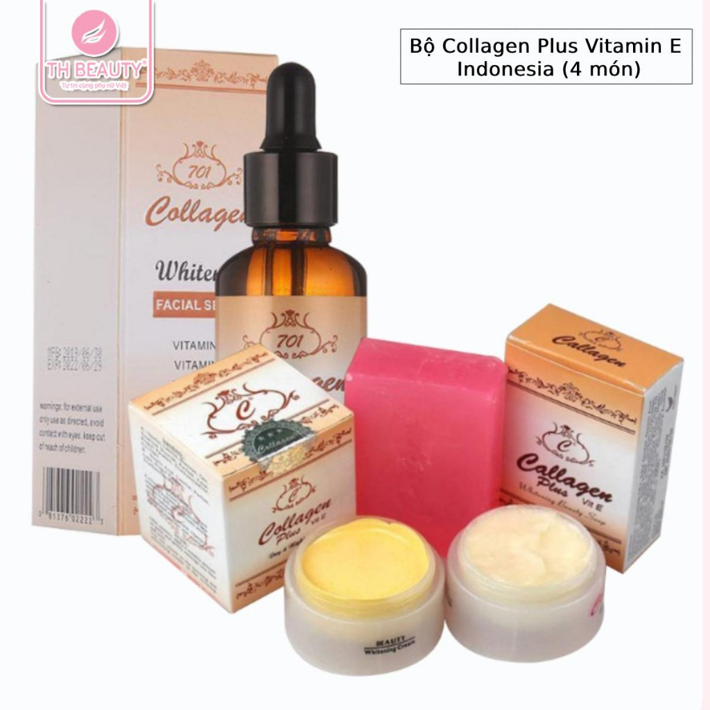 Bộ kem mặt Collagen Plus Vitamin E 4 món ngừa nám dưỡng trắng da (Tem đỏ, tem trắng)