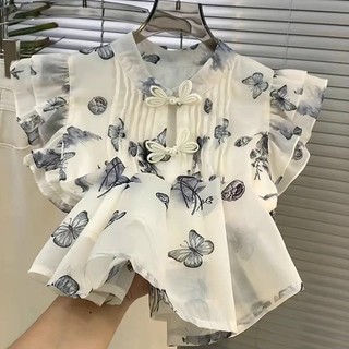 Mới Phong Cách Trung Quốc Retro Phong Cách Đồng quê Nhỏ Tay Bay Voan Hoa Áo Sơ Mi Nữ Thiết Kế Mùa Hè Cảm Thấy Ánh Sáng Phong Cách Phương Tây Hàng Đầu Giảm Tuổi