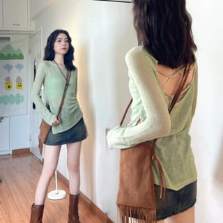  Áo coquette tay dài Áo Kiểu Nữ ôm body Áo len dài tay thiết kế kiểu Pháp dành cho nữ Slim-Fit Slimmer Look Thin Sunscre 