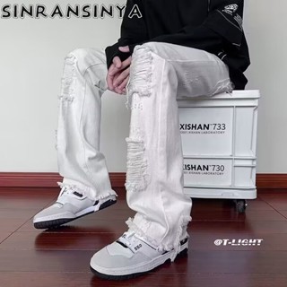 Sinransinya Quần jean nam mới, thời trang cao cấp đường phố cổ điển kiểu Mỹ, màu trơn có viền đau khổ, eo cao, quần ống thẳng siêu nhỏ thời trang dành cho các cặp đôi tuổi teen