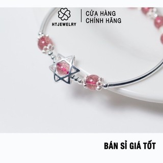 Lắc tay bạc htjewelry hạt đá thạch anh dâu hồng mix charm bạc cao cấp ph047
