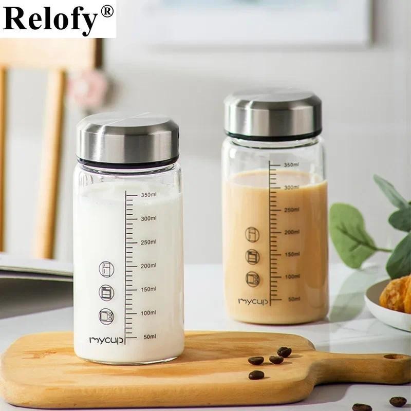 Bình Nước Sữa Thủy Tinh 350ml Có Tay Cốc Và Nắp Gia Đình Di Động Ăn Sáng Cà Phê Nước ép Trà Sữa Có Dấu Dung Tích