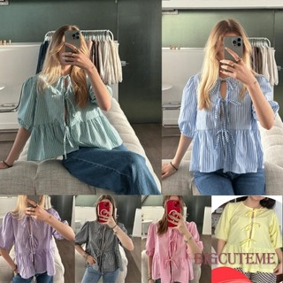 [] -Áo Sơ mi phía trước buộc dây mùa hè dành cho nữ sọc / kẻ sọc in hình nửa tay cổ tròn dáng rộng