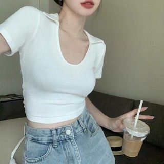 Niche Ve Áo Thun Nữ Tay Ngắn Mùa Hè Phong Cách Mới Cổ Chữ U Ôm Đáy Ngắn Thiết Kế Áo Sơ Mi Sinh Viên Hot Girl