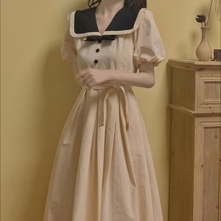 Váy Liền Cổ Hải Quân Tươi Tắn Ngọt Ngào Phong Cách Đại Học Váy Dài Vừa Tôn Dáng Gầy Chít Eo Cổ Điển Kiểu Pháp
