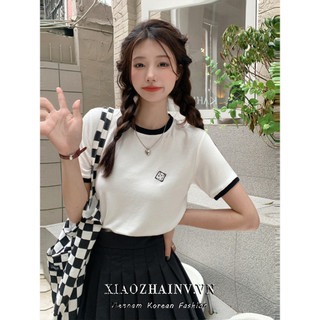 Xiaozhainv Nhỏ Bánh Quy Thêu Hố Dải Tương Phản Cạnh Áo Thun Nữ Mùa Hè Và Phiên Bản Hàn Quốc Vai Rời Học Sinh Cổ Tròn Tay Ngắn