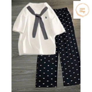 Sét Bộ Quần họa Tiết Nơ Ống Rộng + Kèm Áo Phông Thủy Thủ Form Rộng Tay Lỡ