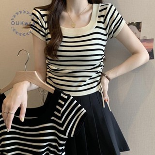 Oukwca Nữ Vintage Sọc Cổ Vuông Tay Ngắn Dây Rút Mỏng Áo Thun Dệt Kim Mới