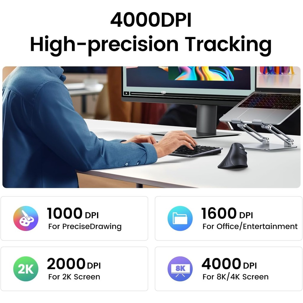 Chuột công thái học Ugreen 25444 MU008, Bluetooth 5.0 + USB 2.4GHz, DPI 1000/1600/2000/4000 Pin AA | BigBuy360 - bigbuy360.vn