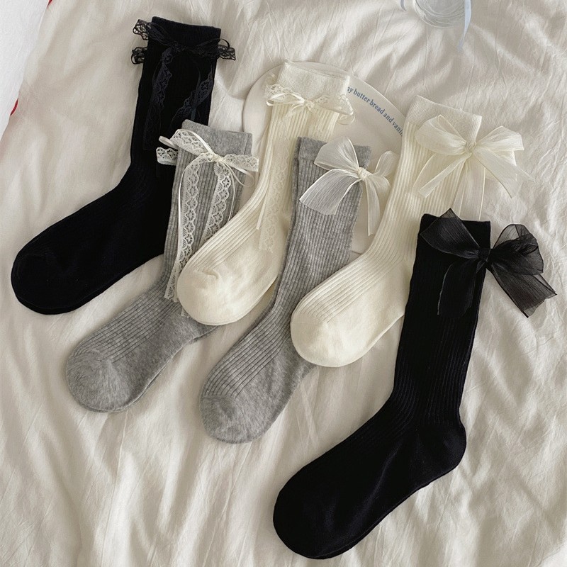 Miu ~ ballet Style Off-White Sweet Bow Preppy Style Tất mỏng Gothic