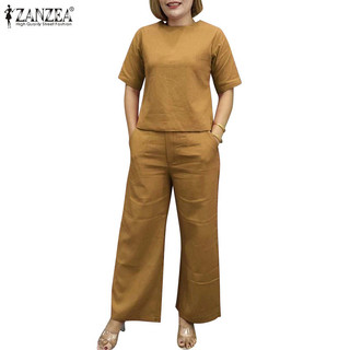 Zanzea nữ vintage tay ngắn túi zip thời trang bộ màu trơn