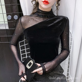 Phong Cách Mới Nhung Vàng Đáy Top Nữ Nửa Cổ Cao Gợi Cảm Slim-fit Cao Cấp Phong Cách Phương Tây Mới Xuân Thu Phong Cách Gạc Dài Tay Đáy