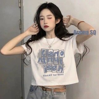 Áo thun ngắn tay in họa tiết màu trắng dành cho sinh viên Áo thun nữ mùa hè phong cách mới Slimer Look Hot Girl Crop Top Bottoming Áo sơ mi