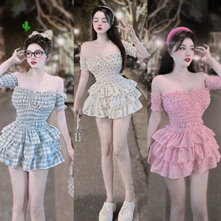 Set voan tầng bẹt vai nhúng khoe vai xinh❤️❤️❤️ Set Bộ Áo Nhún Trễ Vai Nhún Croptop + váy Tầng Bí Có Lót Quần alohashop