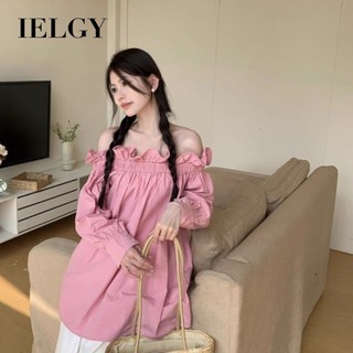 Ielgy Áo sơ mi lệch vai màu hồng ngọt ngào dành cho nữ áo một vai sang trọng