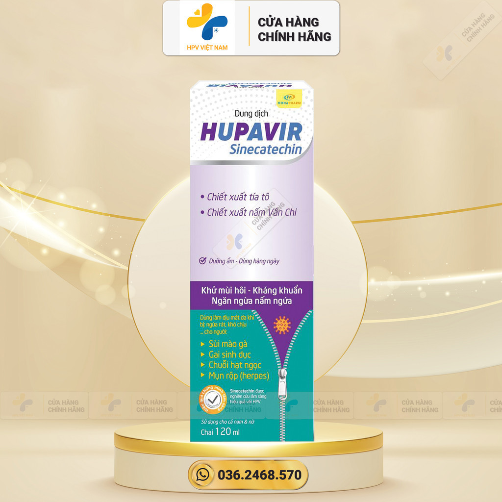 Dung dịch vệ sinh Hupavir Sinecatechin lọ 120 ml Hỗ trợ cho người bị Sùi Mào Gà, hạt ngọc, mụn rộp, Herpes