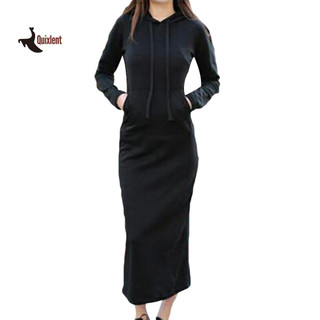 QUIXLENT Nữ Mùa Thu Màu Trơn Dài Tay Dây Rút Áo Len Đầm Maxi