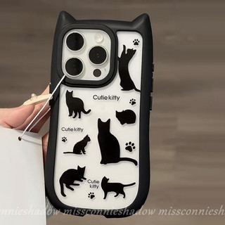 Graffiti Cool Dễ Thương Đen Mèo Con Tai Mèo Con 2 Trong 1 Vỏ Mềm Acrylic Tương Thích Cho IPhone 11 15 14 12 13 Pro Max 13 15 14 12 Pro Vòng Tay Mèo Hoạt Hình Giá Đỡ Bao