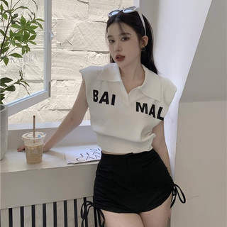 Influencer Thư polo Cổ Băng Lụa Đan Áo Vest Không Tay Nữ Mùa Hè Phong Cách Mới Thiết Kế Ngắn Hàng Đầu Hàn Quốc