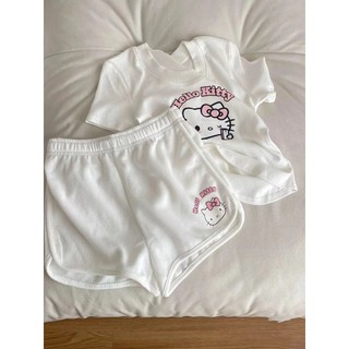 Bộ Đồ Hello Kitty Mùa Hè Nữ Ngọt Ngào Dễ Thương In Hình Hoạt Hình Ngắn Tay Phù Hợp Với Quần Short