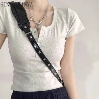 SINRANSINYA  Áo thun nữ  mùa hè màu trơn đơn giản và đa năng phong cách Hàn Quốc Áo thun ngắn tay vai phải giảm béo hàng đầu