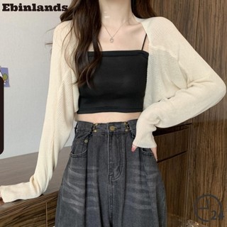 Áo len dệt kim EBINLANDS, Khăn choàng lụa băng rộng cổ chữ V, Áo dài tay đi biển ngọt ngào thời trang