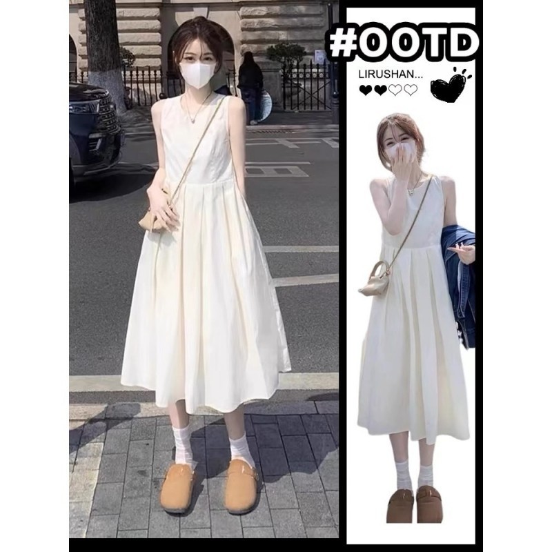 Váy 2 dây trễ vai nữ bigsize Đầm dài hai dây biển maxi đầm trắng váy trắng với dây đai không tay màu trắng phong cách pháp vào mùa hè | BigBuy360 - bigbuy360.vn