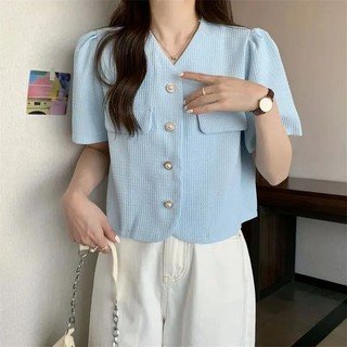 Thiết Kế Dệt Cảm Thấy Phù Hợp Với Cổ Chữ V Ngọc Trai Nút Áo Sơ Mi Ngắn Nữ Khăn Choàng Cardigan Mặc Bên Ngoài Áo Tay Ngắn