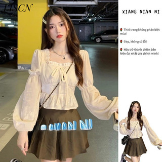 Áo sơ mi LISCNShort vải nhung vuông buộc dây thắt lưng quần áo nữ mùa thu Pháp