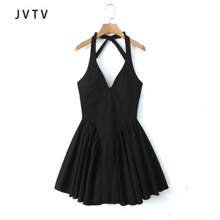 7205 JVTV Mùa Xuân Mới Nữ Phong Cách Âu Mỹ Cổ Chữ V Sâu Không Tay Chia Đầm Ngắn Cho Nữ