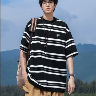 M-5xl mới Mùa hè nam sọc hợp thời trang Áo thun ngắn tay phong cách Hàn Quốc Áo thun họa tiết ngoại cỡ màu trắng thiết kế sọc đen cổ tròn Áo dạo phố thông thường