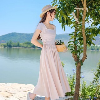 Váy cottagecore Váy body dáng dài Đầm dự tiệc Đầm dài Áo thun cổ tròn tay ngắn mùa hè Váy dây rút cổ vuông kiểu Pháp