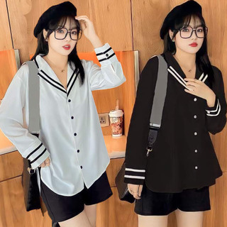  Áo Sơ Mi Tay Dài Nữ Phong Cách Hàn Quốc, Cổ V Phối Viền Dễ Thương Cho Nàng Béo Xinh 45-85kg