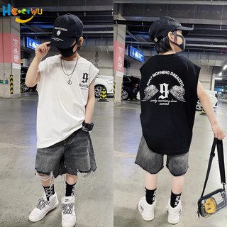 Haoerwu top dành cho trẻ em Áo thun dáng rộng không tay in hình thời trang mỏng cho bé trai