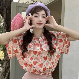 Mùa Hè Mới Hàn Quốc Ngọt Ngào Và Dễ Thương Cổ Búp Bê Hoa Tình Yêu Áo Sơ Mi Tay Ngắn Cho Nữ Niche