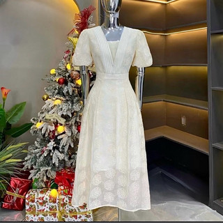 Váy ren hoạ tiết hoa cổ V tay bồng hàng 2lớp nhẹ nhàng,thanh lịch VD038HT- HACHIKEN