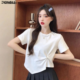 Gjcute áo thun crop top tay ngắn cổ tròn màu trơn vạt lệch dành cho nữ