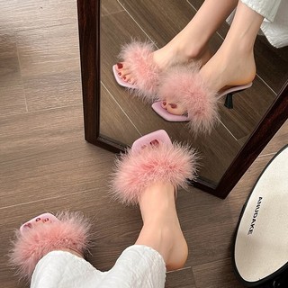 Giày Cao Gót Nữ Mũi Vuông Stiletto Gót Lông Cừu Thời Trang Dép Size 34-40