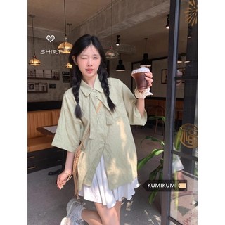Sữa tươi Nơ Xanh Áo Sơ Mi Tay Ngắn Nữ Mùa Hè Mỏng Rời Top