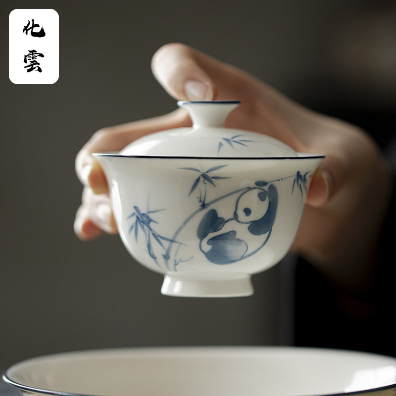 Yuni Sứ Trắng Vẽ Tay Xanh Trắng Gấu Trúc Chơi Tre Bao Bát Kung Fu Trà Gốm Hộ Gia Đình Văn Học Trà Bá